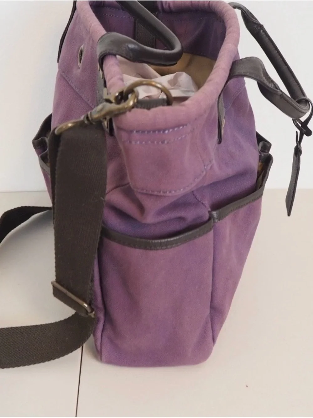 Levenger Purple Canvas Tote with Dark Brown Leather Trim